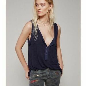 Free People Traveler Linen Henley Tank in Navy
